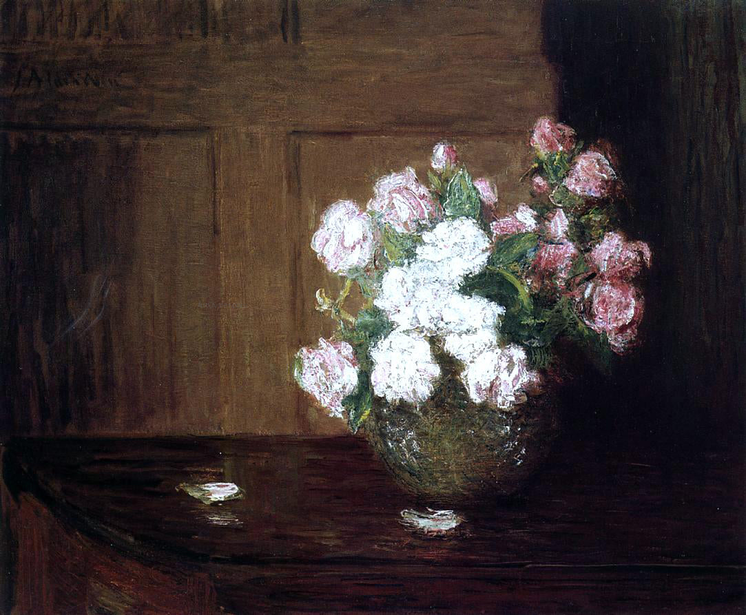  Julian Alden Weir Roses in a Silver Bowl on a Mahogany Table - Hand Painted Oil Painting
